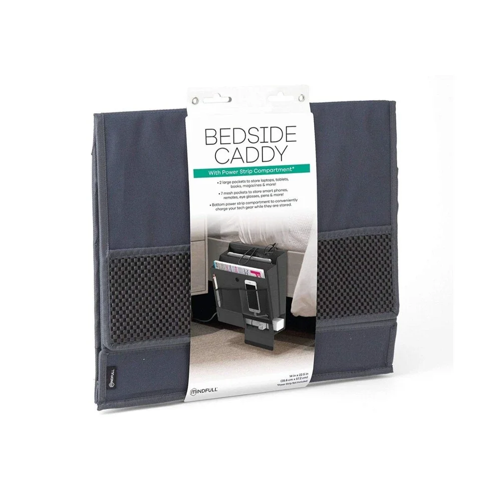 Grey Bedside Caddy Organizer Mattress Flap Hanging Power Strip Charging Pouch
